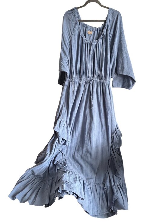 Free People Dresses & Skirts - Free People Shore Chic Maxi Dress Blue Suede Ruffled Cotton Boho Style XL